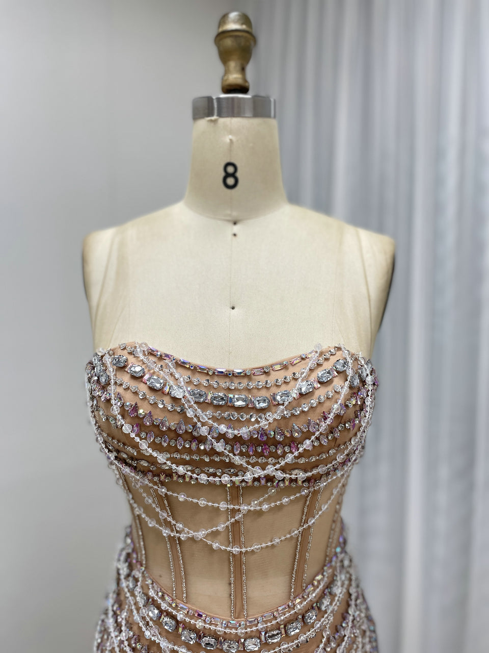 Exquisite Champagne Prom Dress with Pearl Embellishments Off-Shoulder Style MB40413