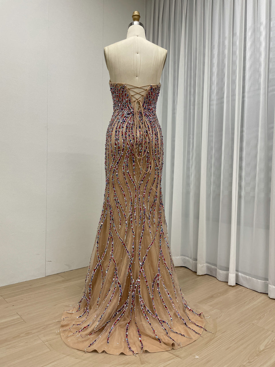 Luxury Multicolor Evening Wear with Beaded Bodice Slit Design Long Train MB40414