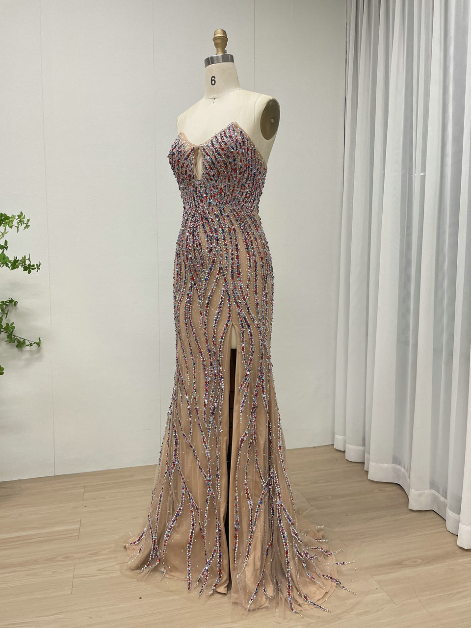 Luxury Multicolor Evening Wear with Beaded Bodice Slit Design Long Train MB40414