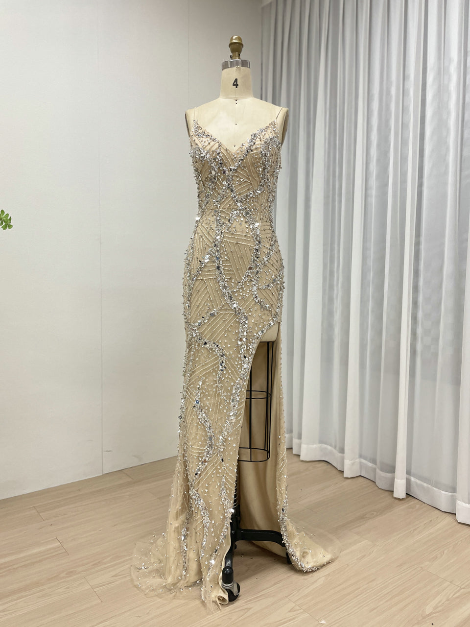 Elegant Champagne Evening Gown with V-Neck Beaded Bodice Mermaid Style MB40415