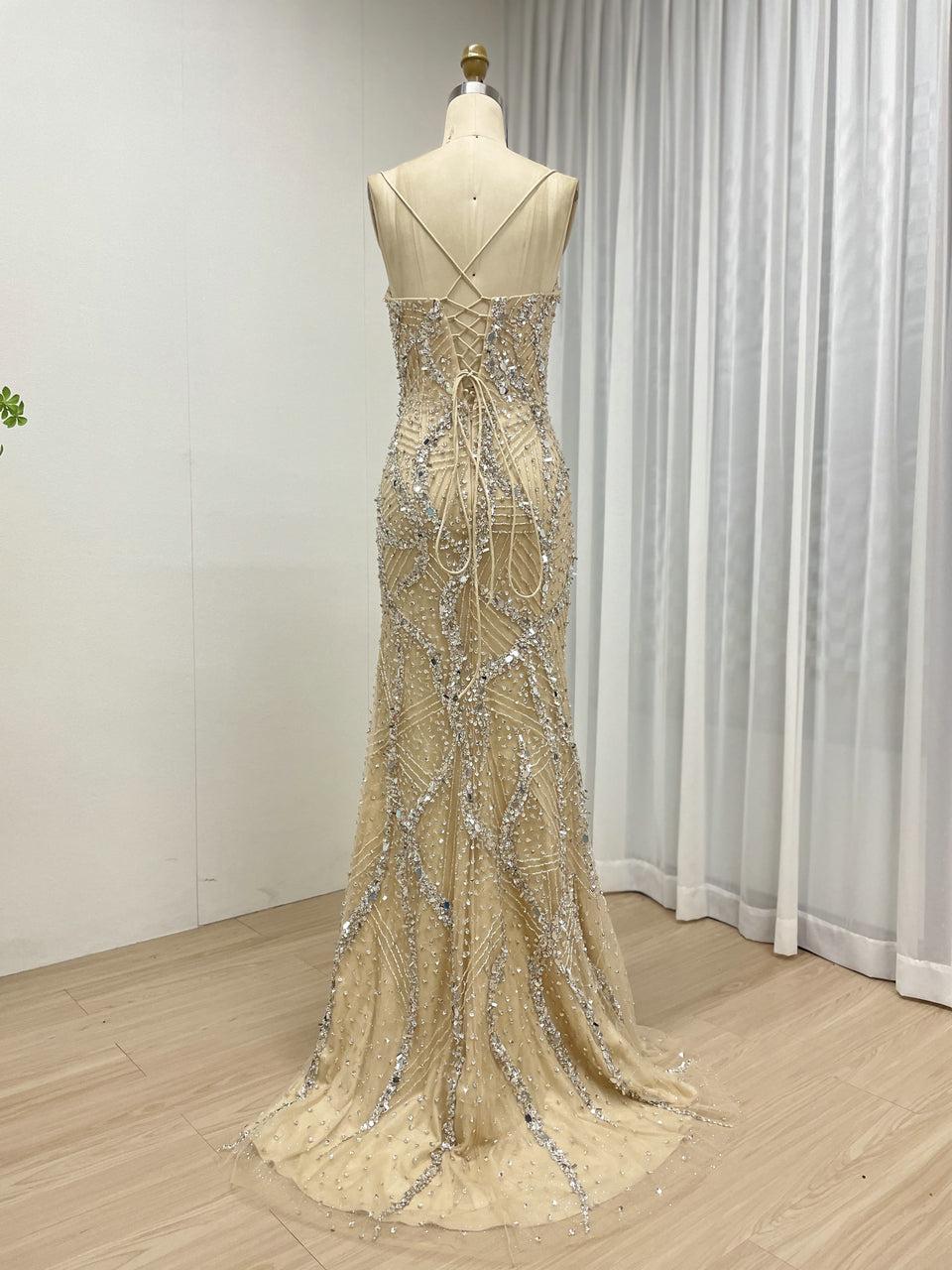 Elegant Champagne Evening Gown with V-Neck Beaded Bodice Mermaid Style MB40415