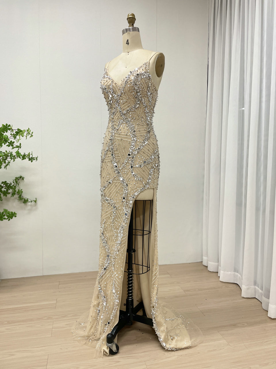 Elegant Champagne Evening Gown with V-Neck Beaded Bodice Mermaid Style MB40415
