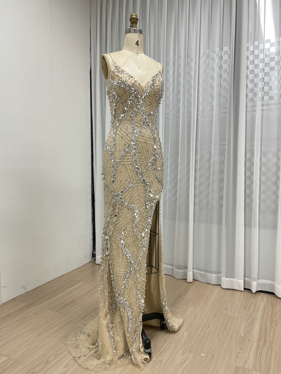 Elegant Champagne Evening Gown with V-Neck Beaded Bodice Mermaid Style MB40415