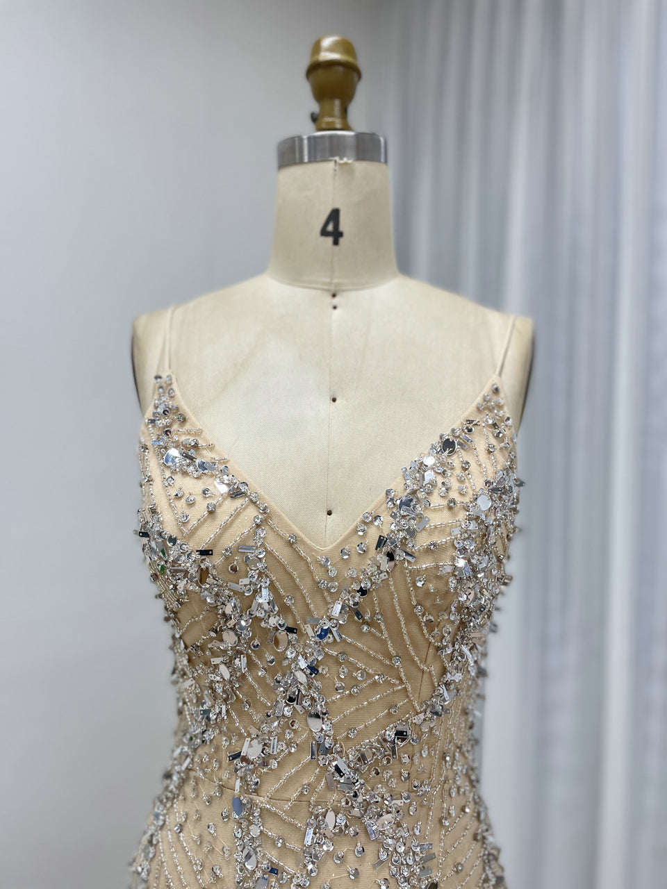 Elegant Champagne Evening Gown with V-Neck Beaded Bodice Mermaid Style MB40415