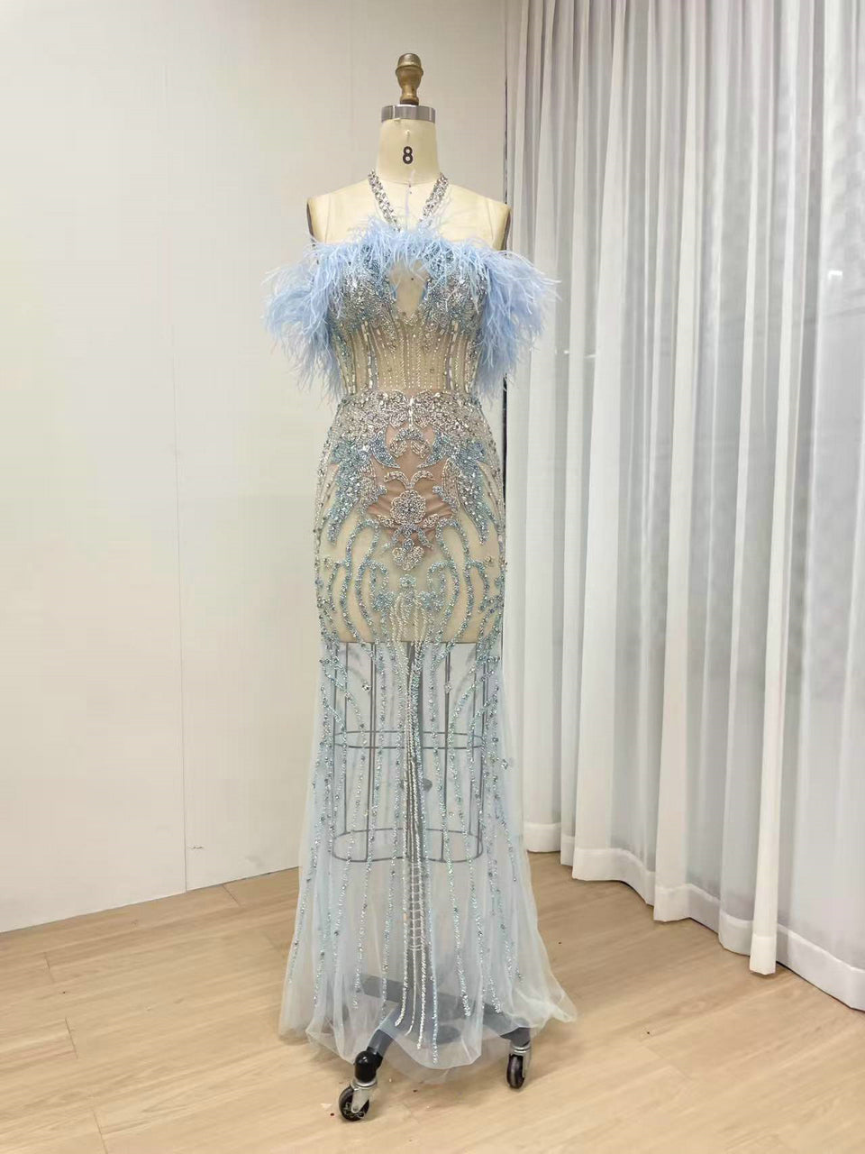 Graceful Feather Neckline Sexy Halter Sheer Prom Evening Dress Embellished With Luxurious Hand Beading MB40417