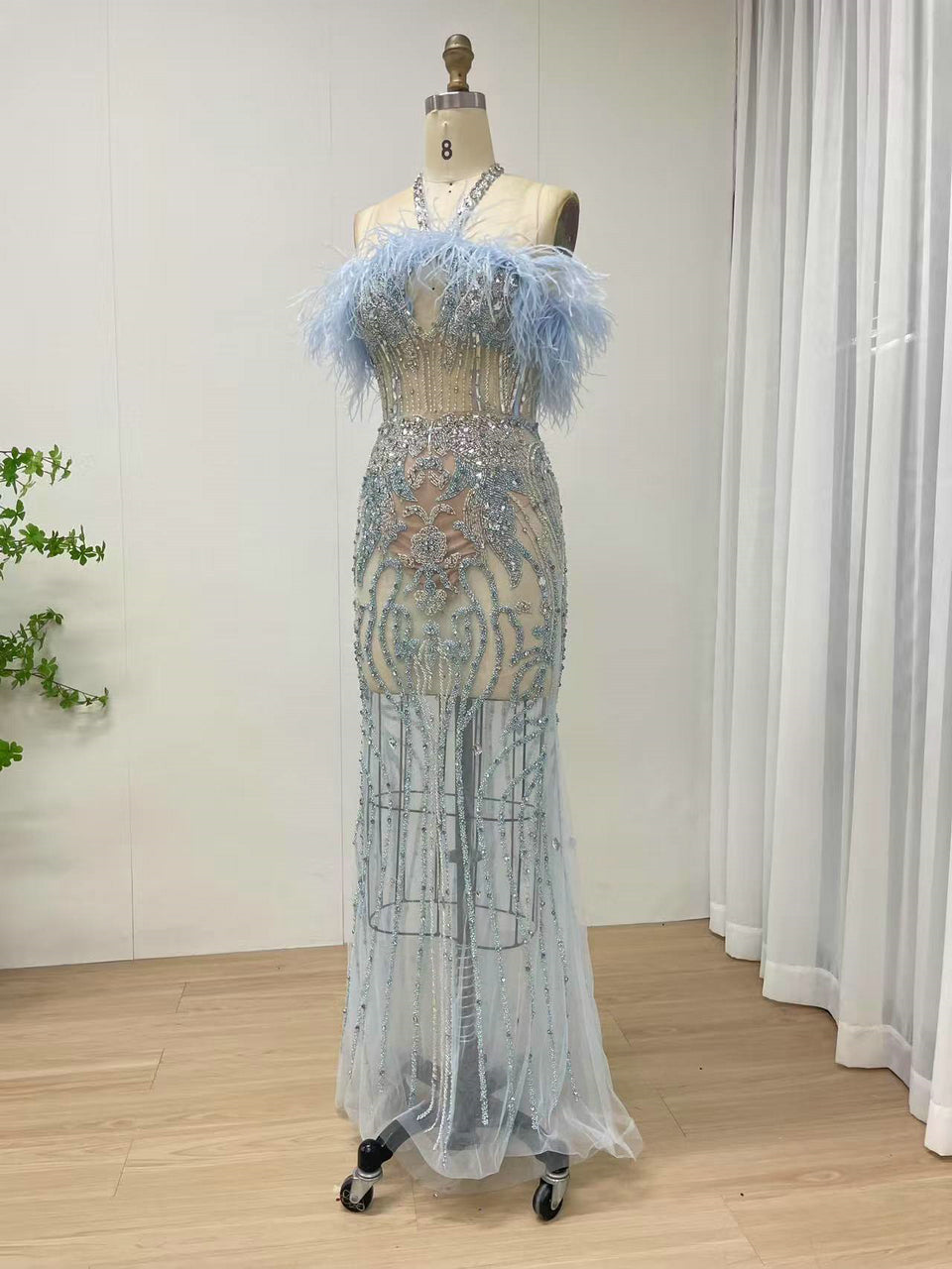 Graceful Feather Neckline Sexy Halter Sheer Prom Evening Dress Embellished With Luxurious Hand Beading MB40417