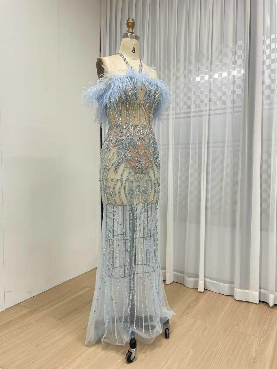 Graceful Feather Neckline Sexy Halter Sheer Prom Evening Dress Embellished With Luxurious Hand Beading MB40417