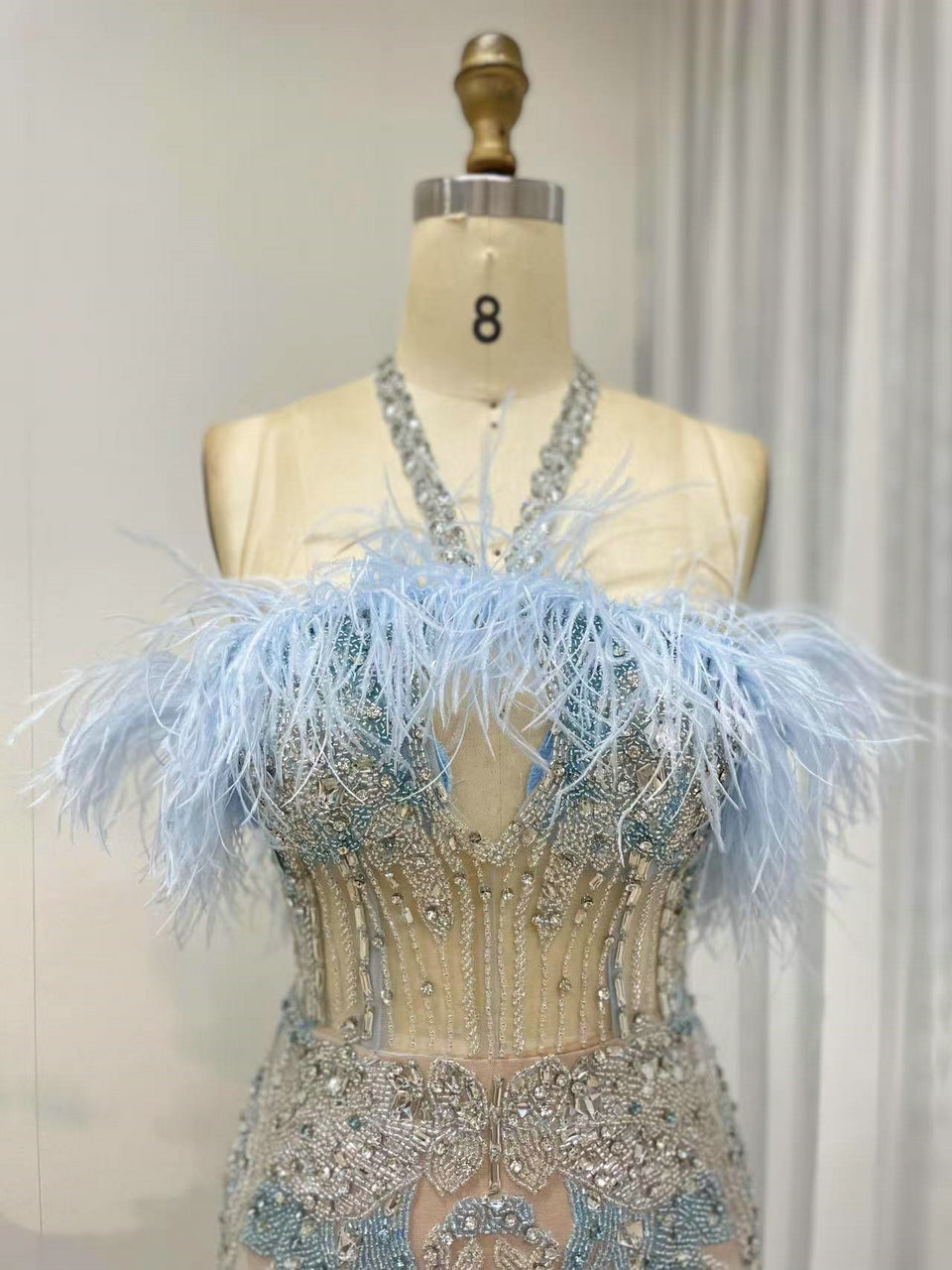 Graceful Feather Neckline Sexy Halter Sheer Prom Evening Dress Embellished With Luxurious Hand Beading MB40417