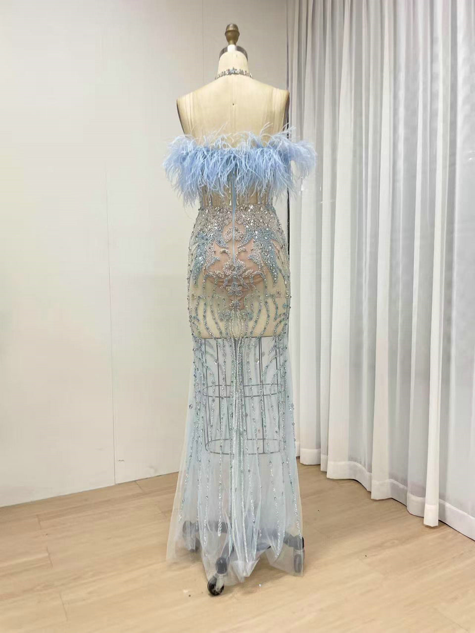 Graceful Feather Neckline Sexy Halter Sheer Prom Evening Dress Embellished With Luxurious Hand Beading MB40417