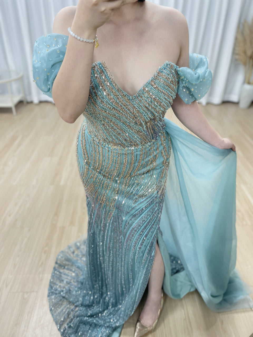 Green Luxurious Sweetheart Off Shoulder Prom Dresses with High Split for Women Dress Plus Size MB40419
