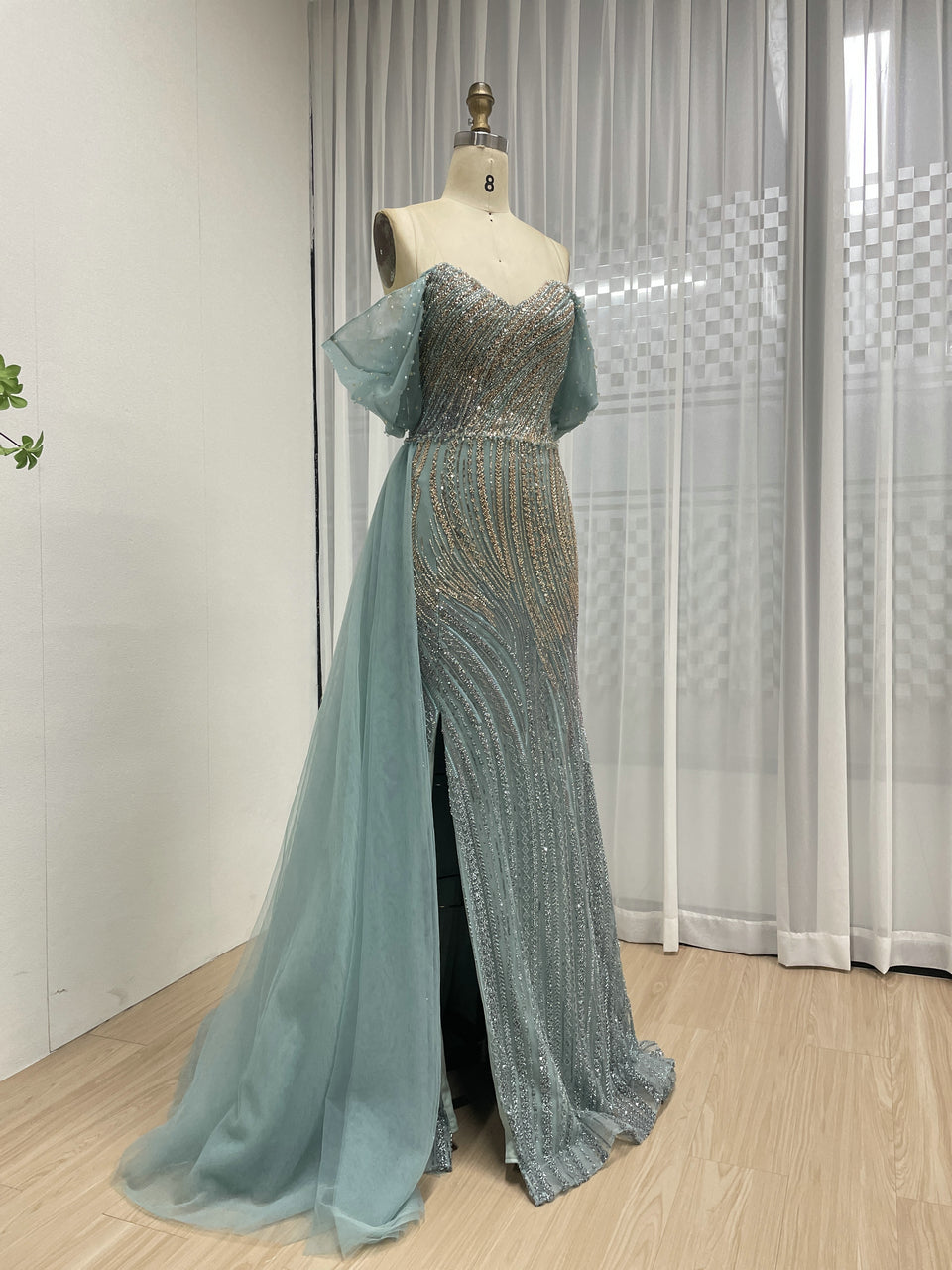 Green Luxurious Sweetheart Off Shoulder Prom Dresses with High Split for Women Dress Plus Size MB40419