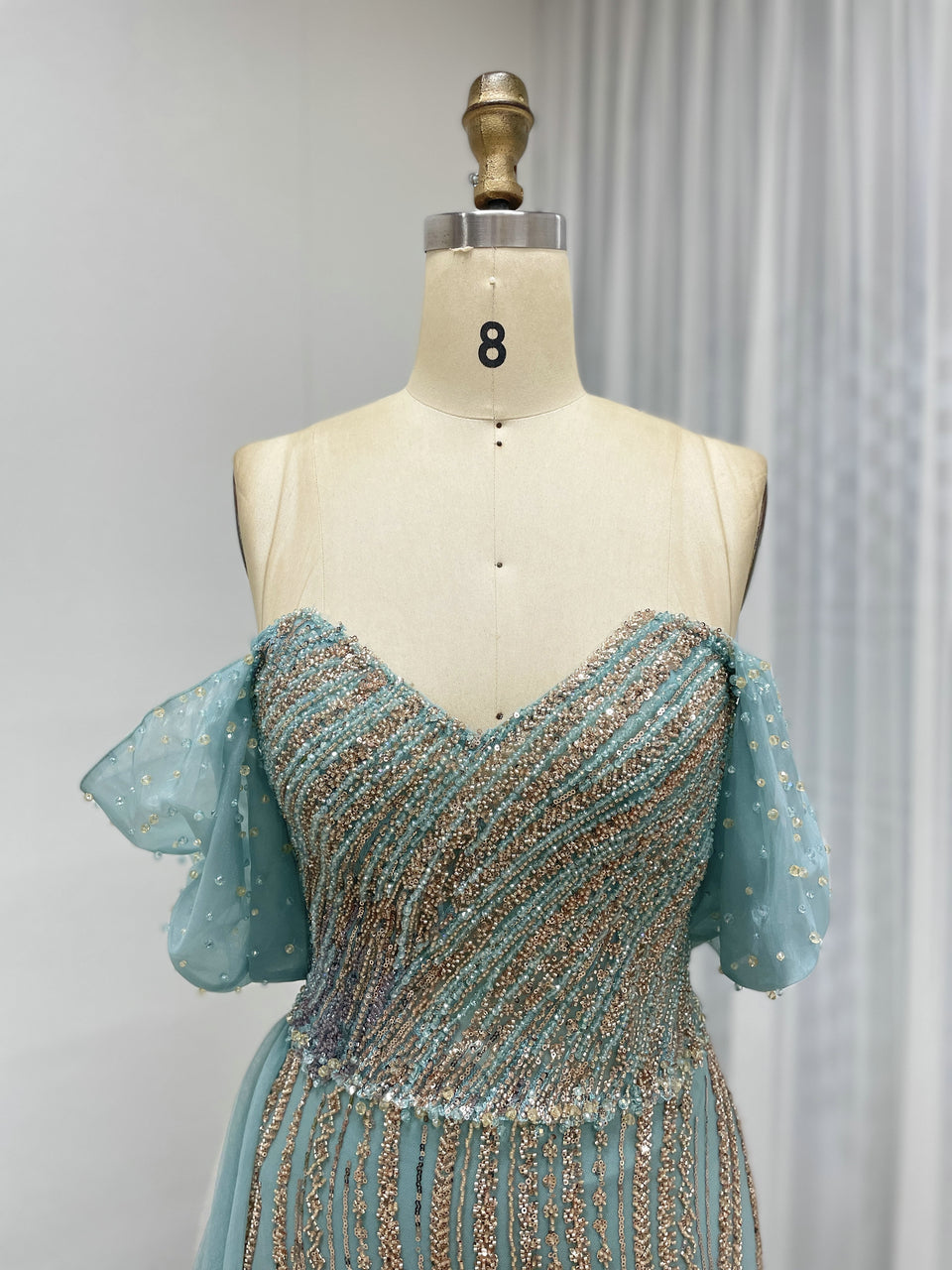 Green Luxurious Sweetheart Off Shoulder Prom Dresses with High Split for Women Dress Plus Size MB40419