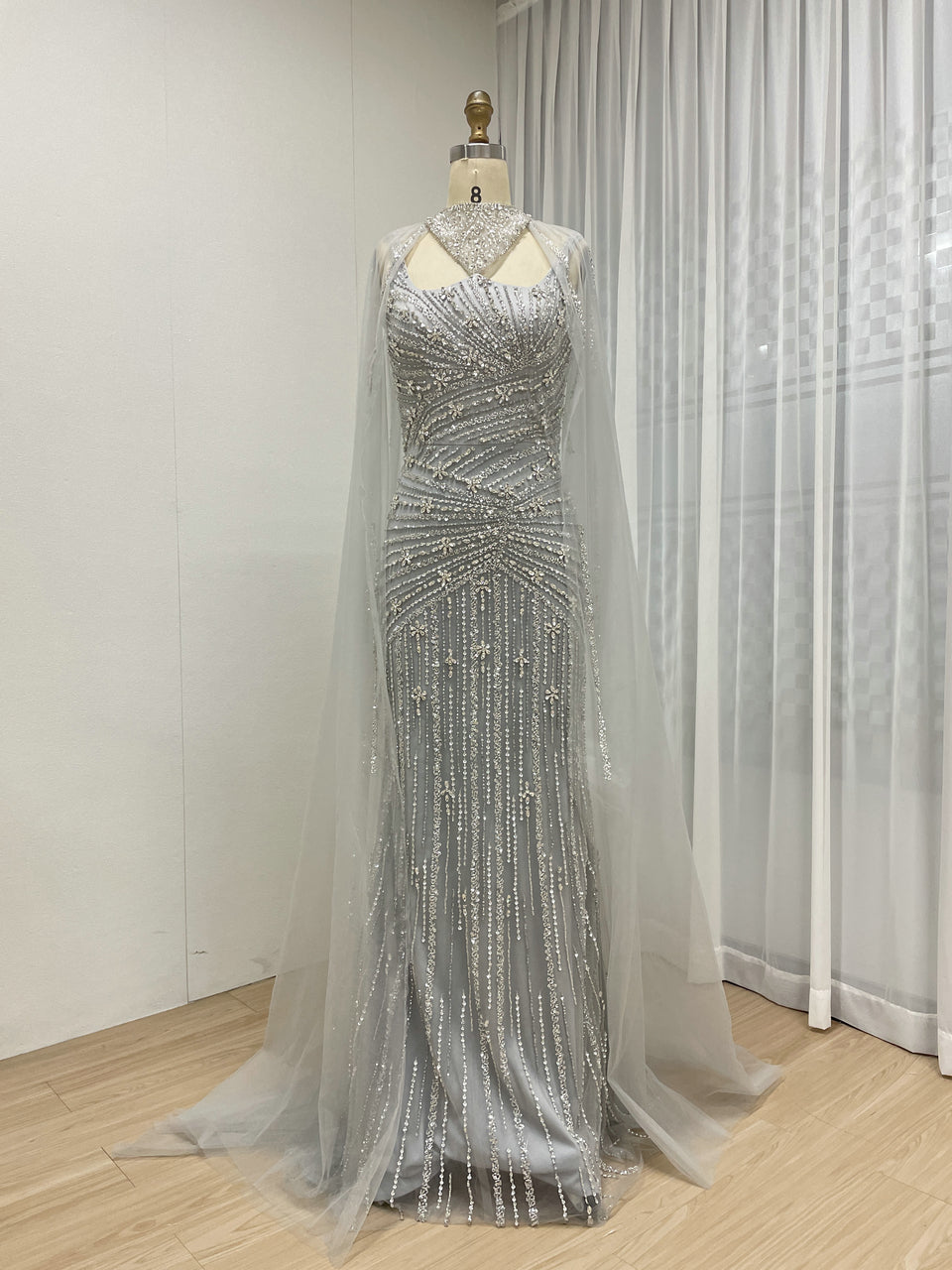 Luxury Silver Gowns for Women With Cape Sleeve Handmade Beading Long Mermaid Wedding Dress MB40420