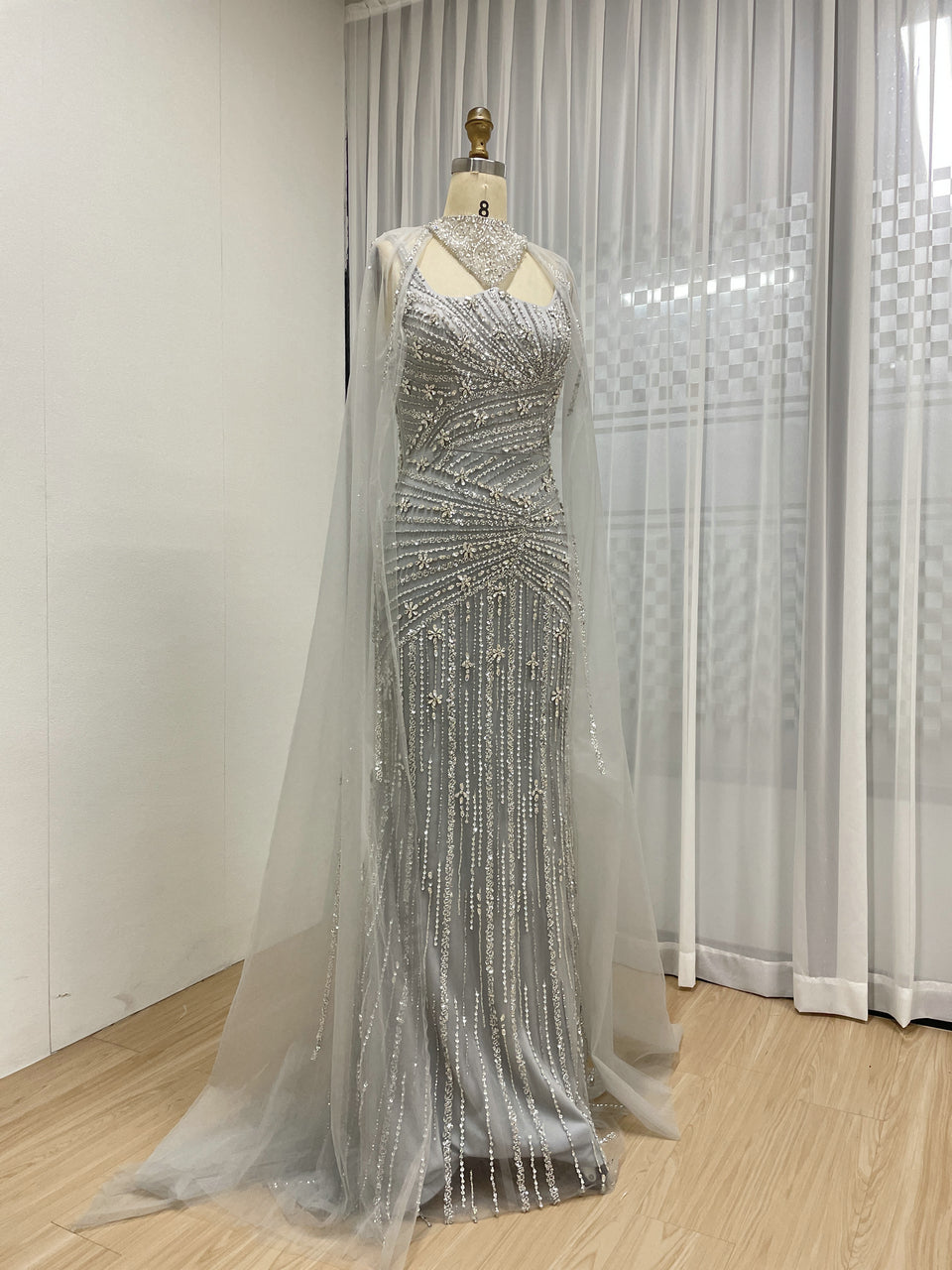 Luxury Silver Gowns for Women With Cape Sleeve Handmade Beading Long Mermaid Wedding Dress MB40420