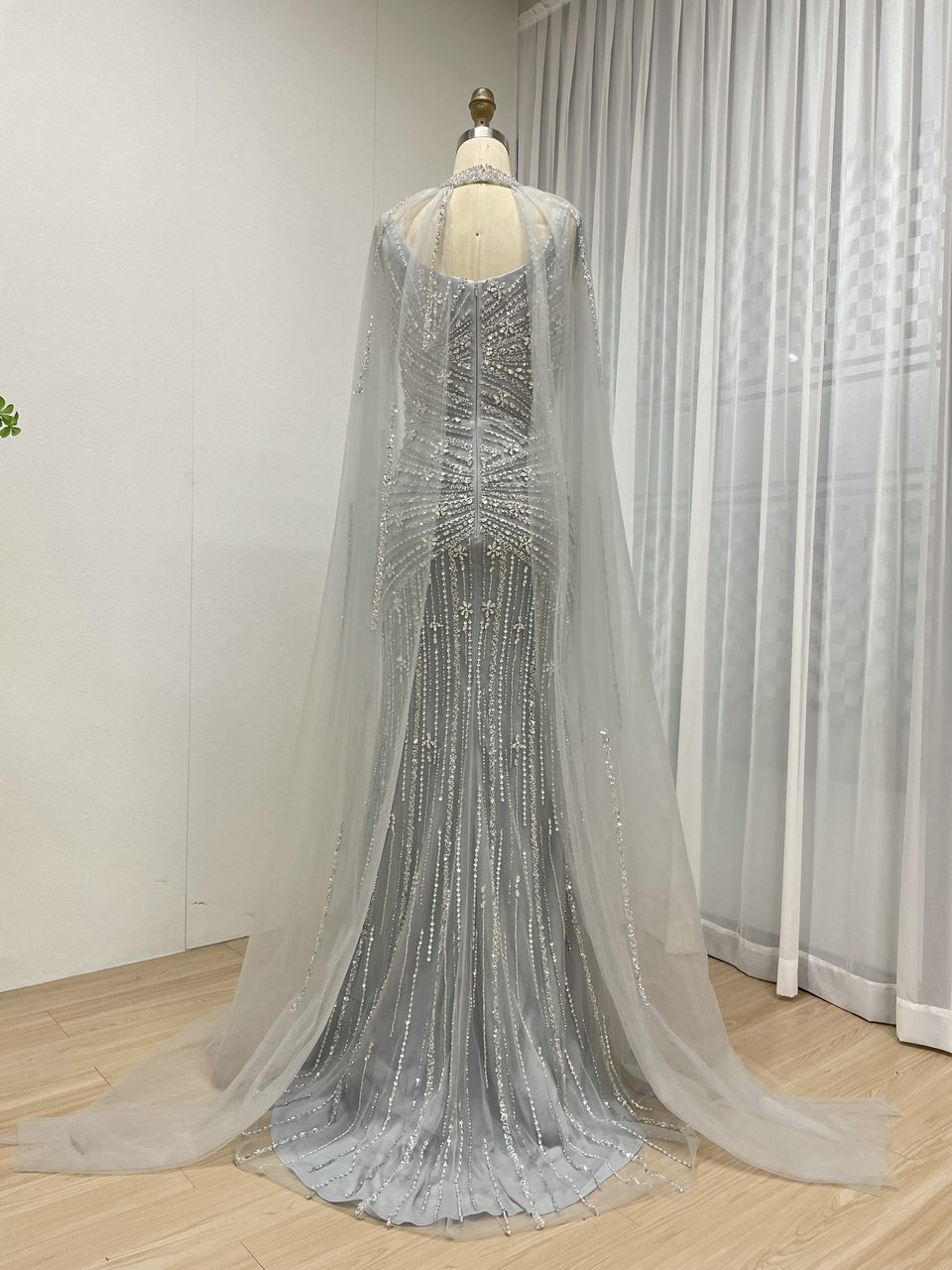 Luxury Silver Gowns for Women With Cape Sleeve Handmade Beading Long Mermaid Wedding Dress MB40420