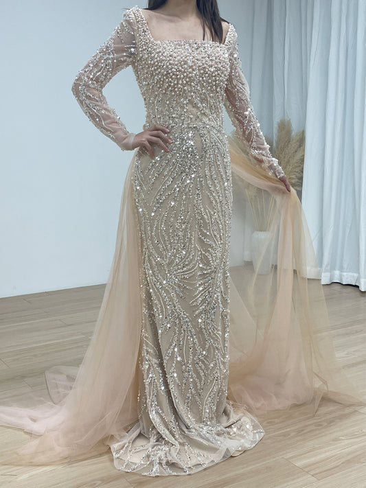 Luxury See Through Sleeves Evening Dress With Intricate Beaded and Back Skirt MB40421