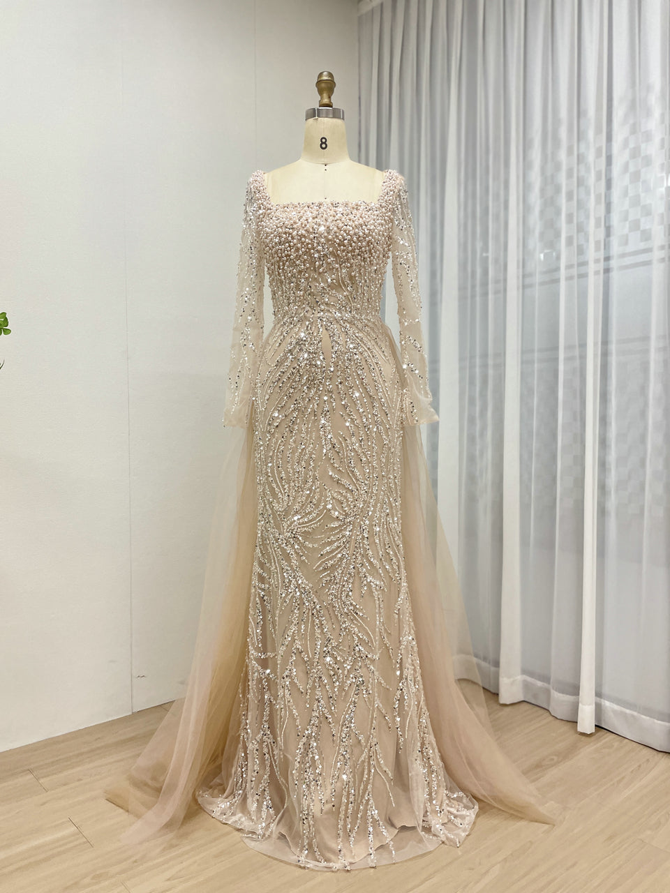 Luxury See Through Sleeves Evening Dress With Intricate Beaded and Back Skirt MB40421