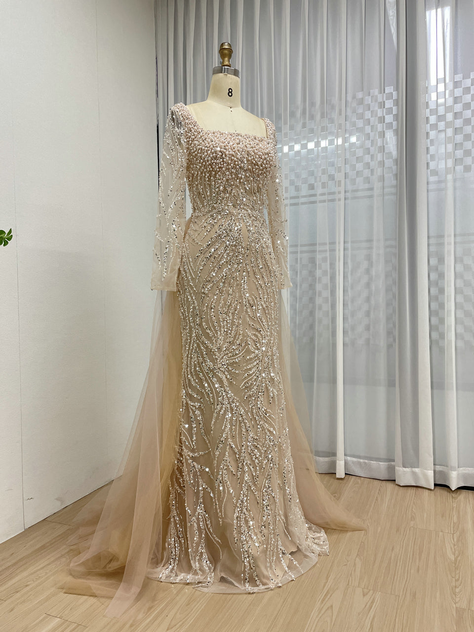 Luxury See Through Sleeves Evening Dress With Intricate Beaded and Back Skirt MB40421