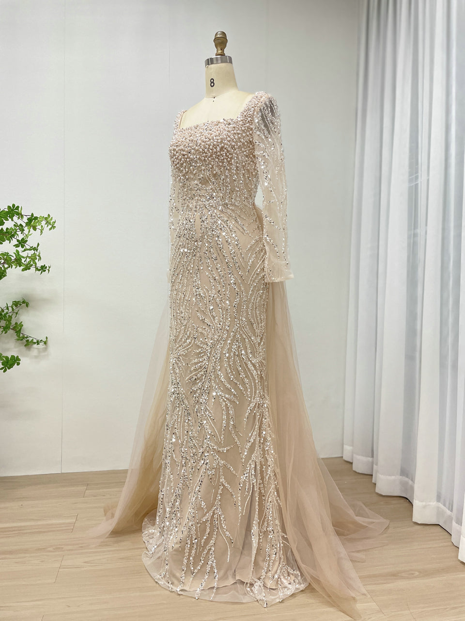 Luxury See Through Sleeves Evening Dress With Intricate Beaded and Back Skirt MB40421