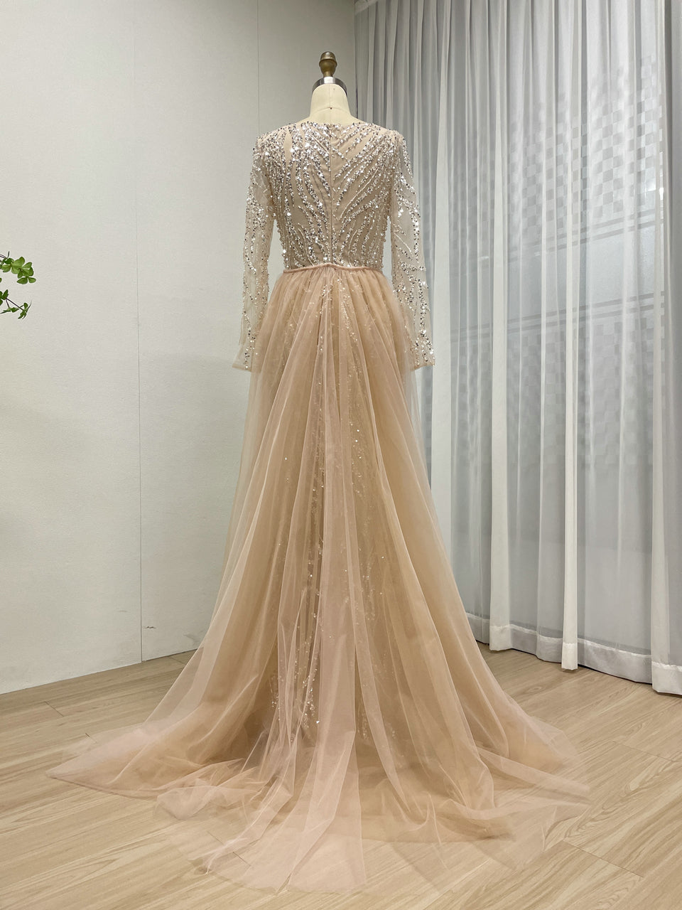 Luxury See Through Sleeves Evening Dress With Intricate Beaded and Back Skirt MB40421