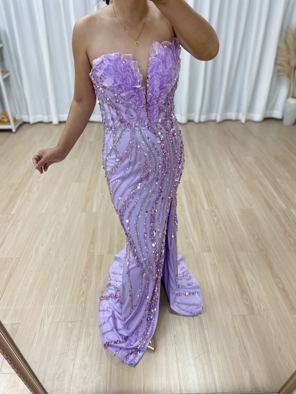 Luxury Lavender Sleeveless Sexy High Slit Evening Gown With 3D Floral MB40422