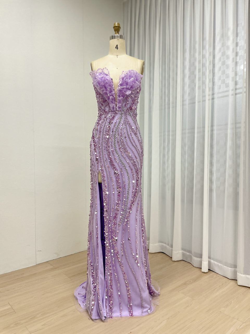 Luxury Lavender Sleeveless Sexy High Slit Evening Gown With 3D Floral MB40422