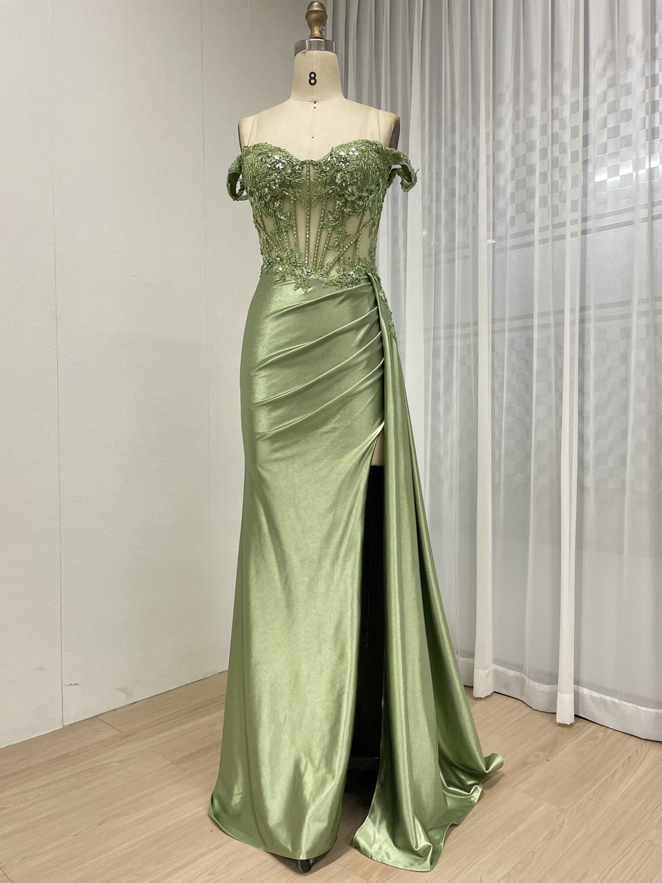 Elegant Off the Shoulder Sexy High Slit Evening Gown With Graceful Side Skirt MB40425