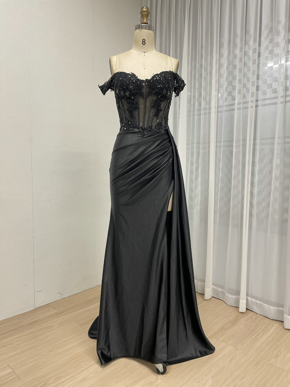 Elegant Off the Shoulder Sexy High Slit Evening Gown With Graceful Side Skirt MB40425