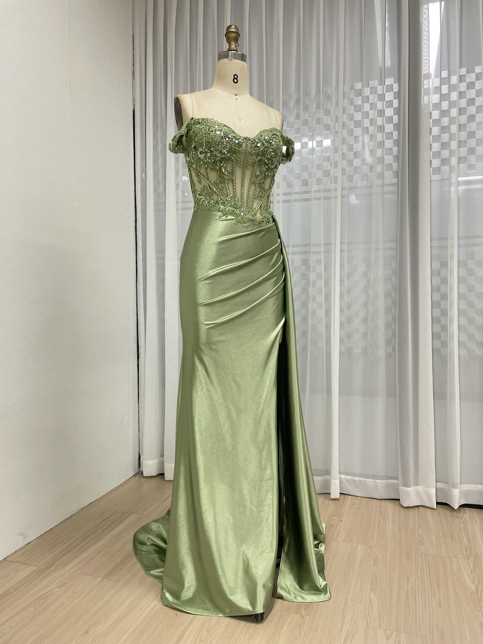 Elegant Off the Shoulder Sexy High Slit Evening Gown With Graceful Side Skirt MB40425