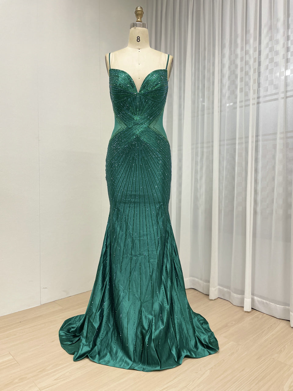 Sexy Spaghetti Strap V Neck Sheer Waist Mermaid Prom Evening Gown for Formal MB40428