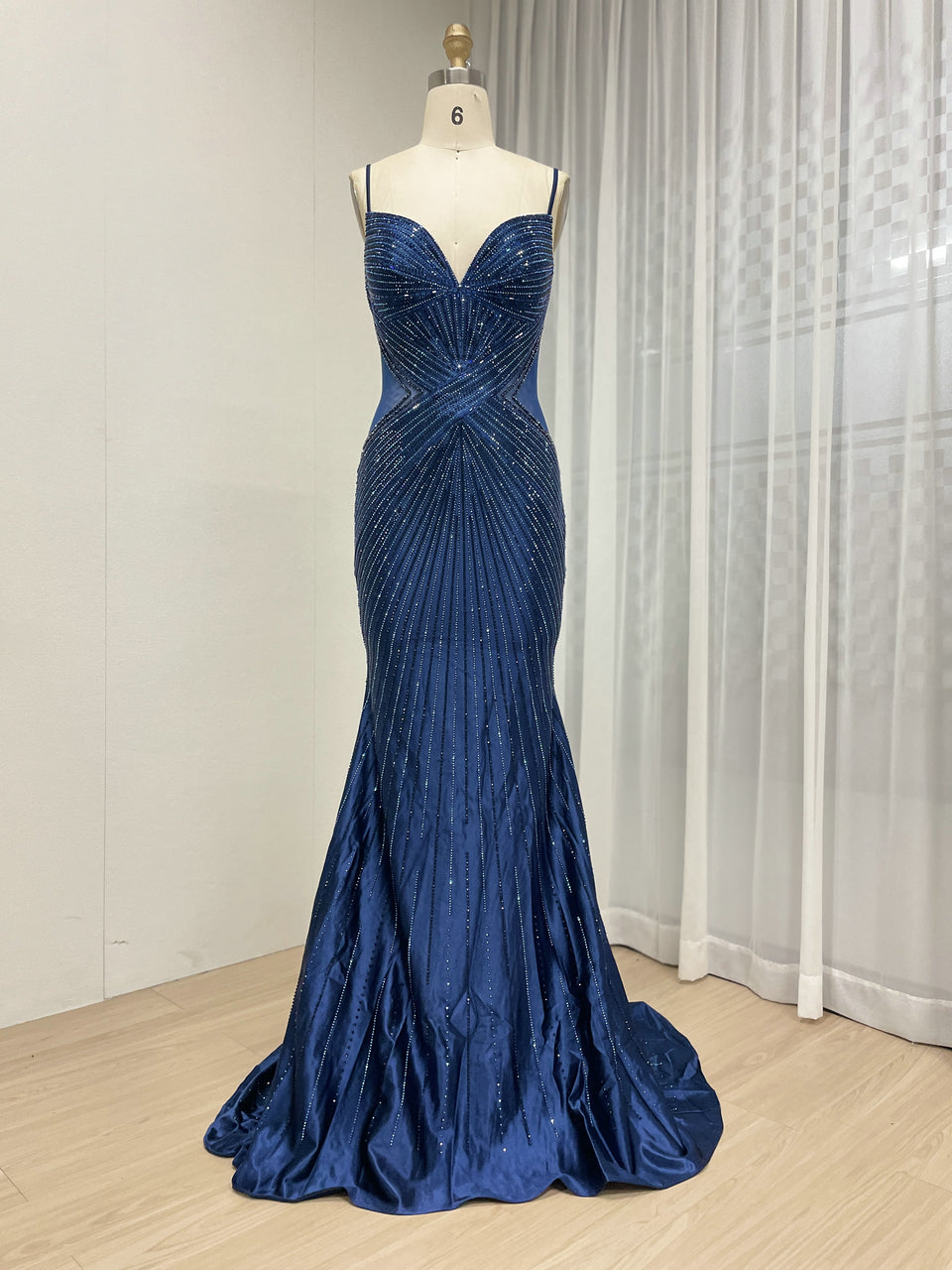 Sexy Spaghetti Strap V Neck Sheer Waist Mermaid Prom Evening Gown for Formal MB40428