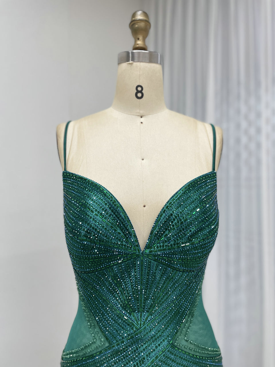 Sexy Spaghetti Strap V Neck Sheer Waist Mermaid Prom Evening Gown for Formal MB40428