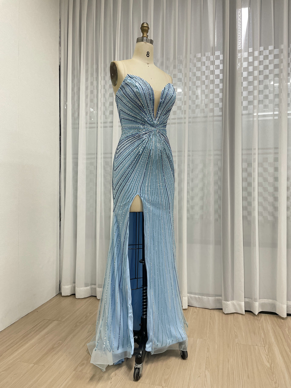 Sexy V Neck High Slit Beaded Embroidery Mermaid Prom Evening Gown for Formal Occasions MB40429
