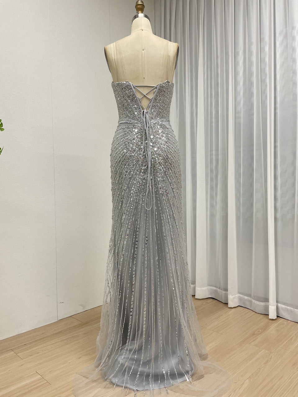 Black Formal Dress Spaghetti Strap Beaded High-Slit Evening Gown MB40430-2