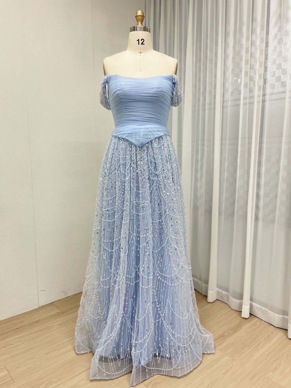 Elegant Off the Shoulder a Line Prom Evening Gown With Handmade Beading MB40432
