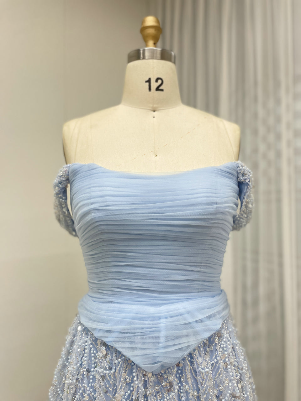 Elegant Off the Shoulder a Line Prom Evening Gown With Handmade Beading MB40432
