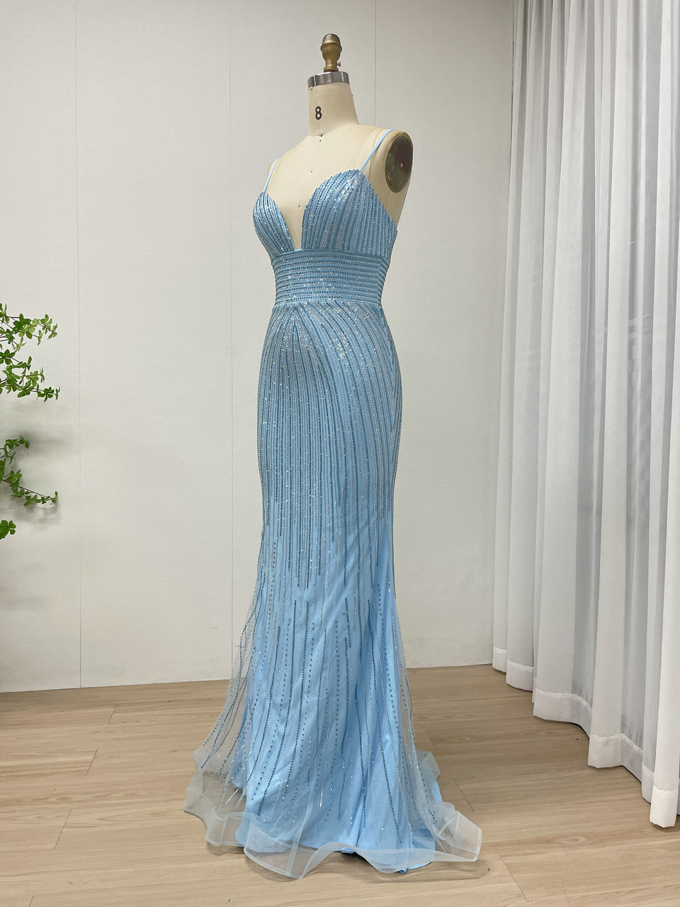 Sexy Spaghetti Strap Low BackV Neck Mermaid Evening Dress for Party MB40433