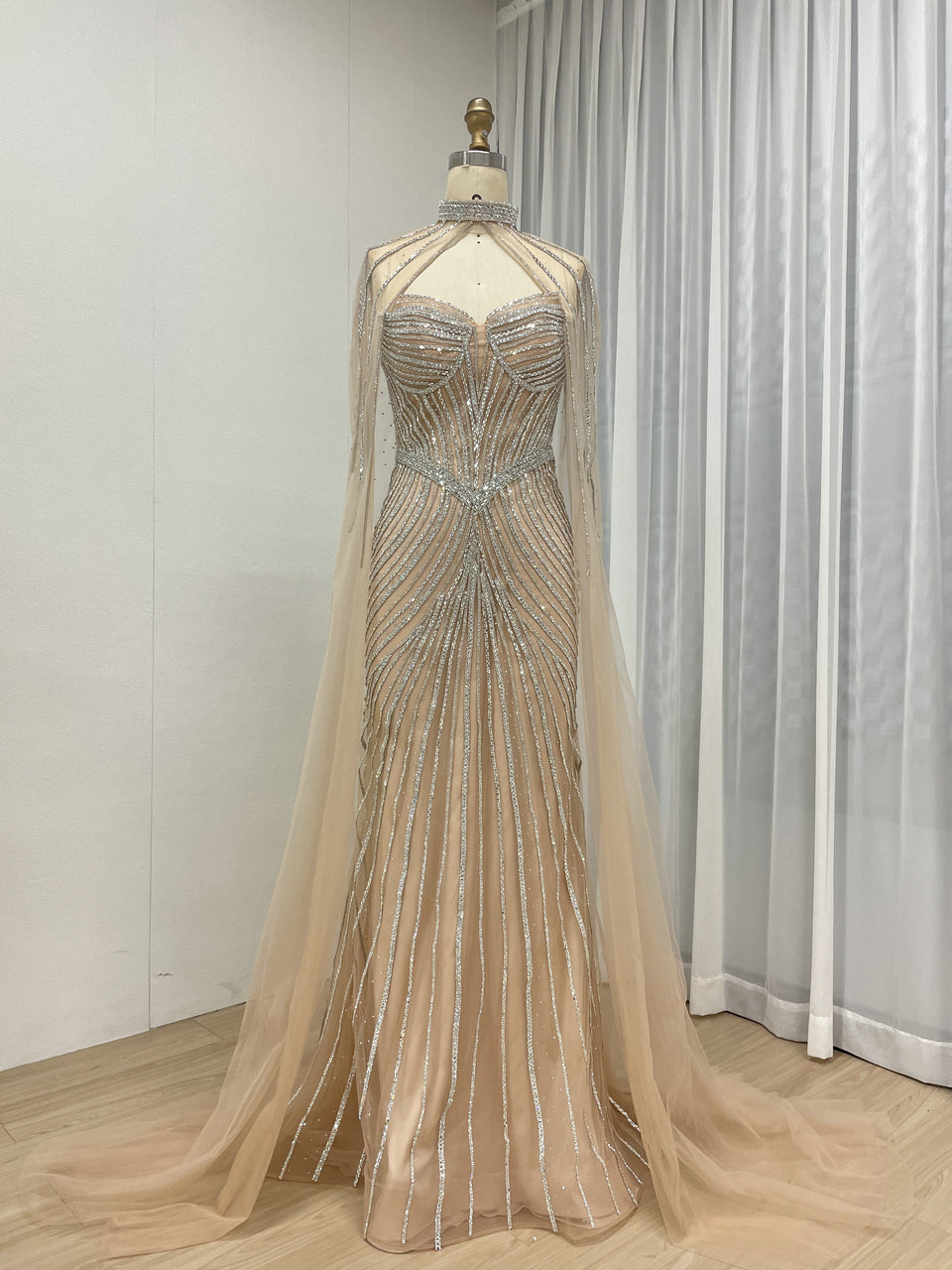 Luxurious Exquisite Beaded Crystal Prom Evening Gown With Elegant Cap Sleeve for Formal Occasion MB40435