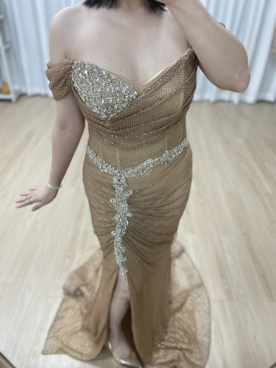 Chic Gold Sequin Off-Shoulder Dress with Flowing Train Slit for Party Wear MB40436