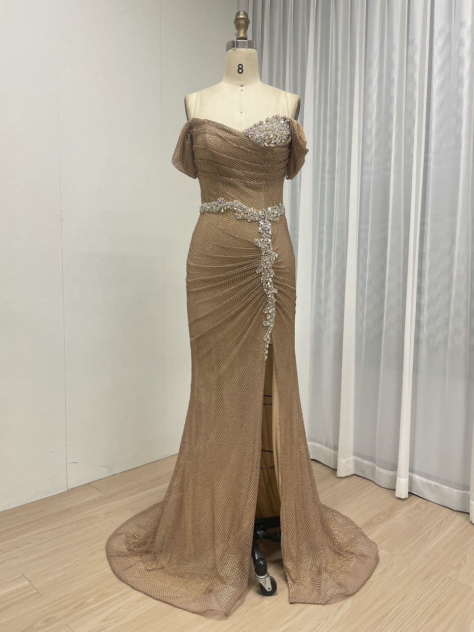 Chic Gold Sequin Off-Shoulder Dress with Flowing Train Slit for Party Wear MB40436