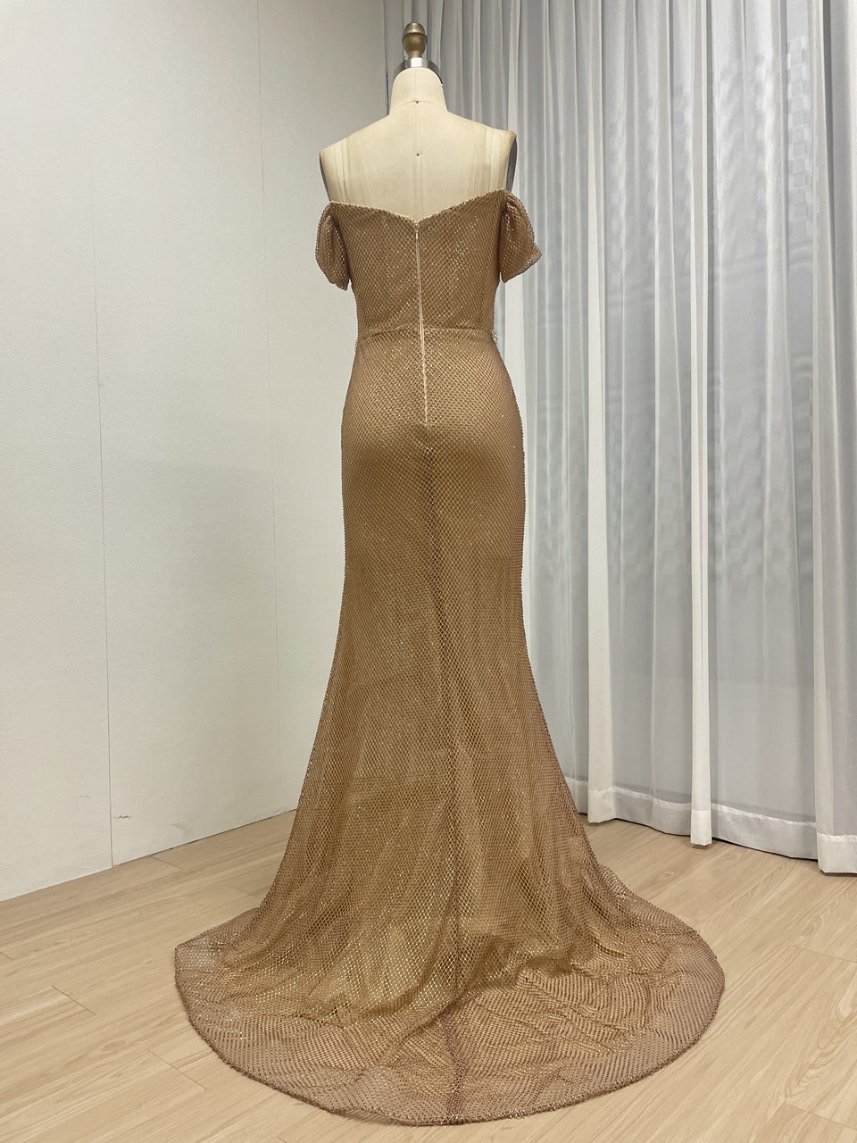 Chic Gold Sequin Off-Shoulder Dress with Flowing Train Slit for Party Wear MB40436
