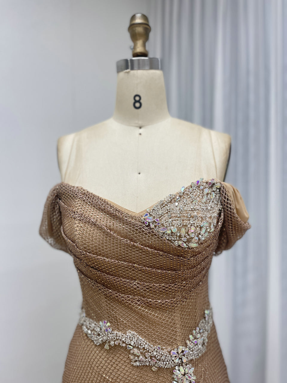 Chic Gold Sequin Off-Shoulder Dress with Flowing Train Slit for Party Wear MB40436