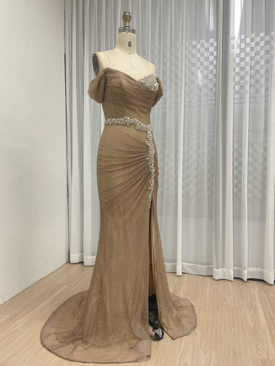 Chic Gold Sequin Off-Shoulder Dress with Flowing Train Slit for Party Wear MB40436