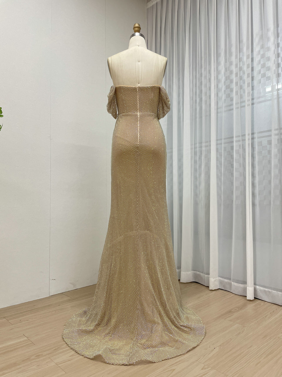 Glittering Ruched Gold Strapless Mermaid Gown with Slit MB40437