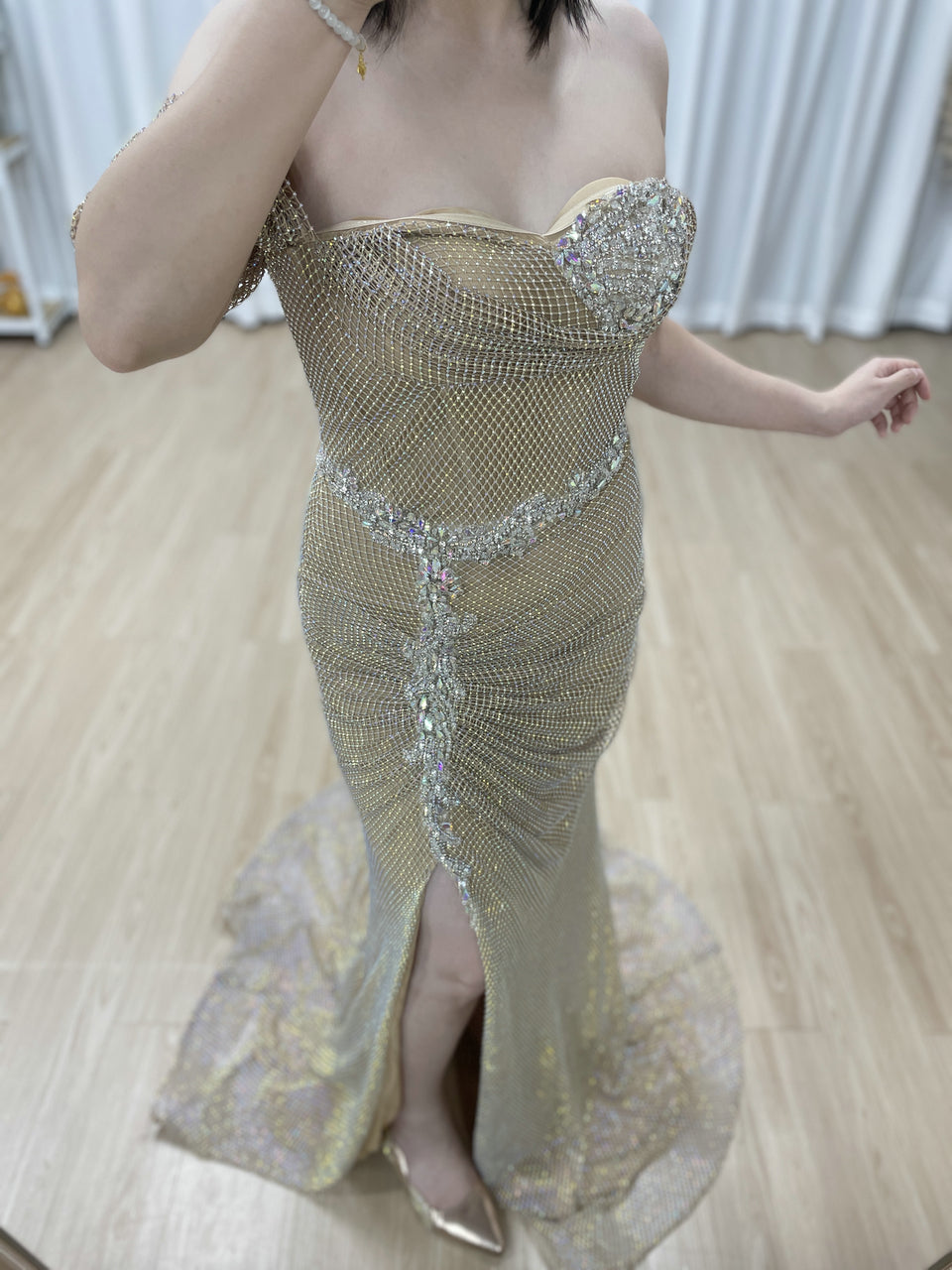 Glittering Ruched Gold Strapless Mermaid Gown with Slit MB40437