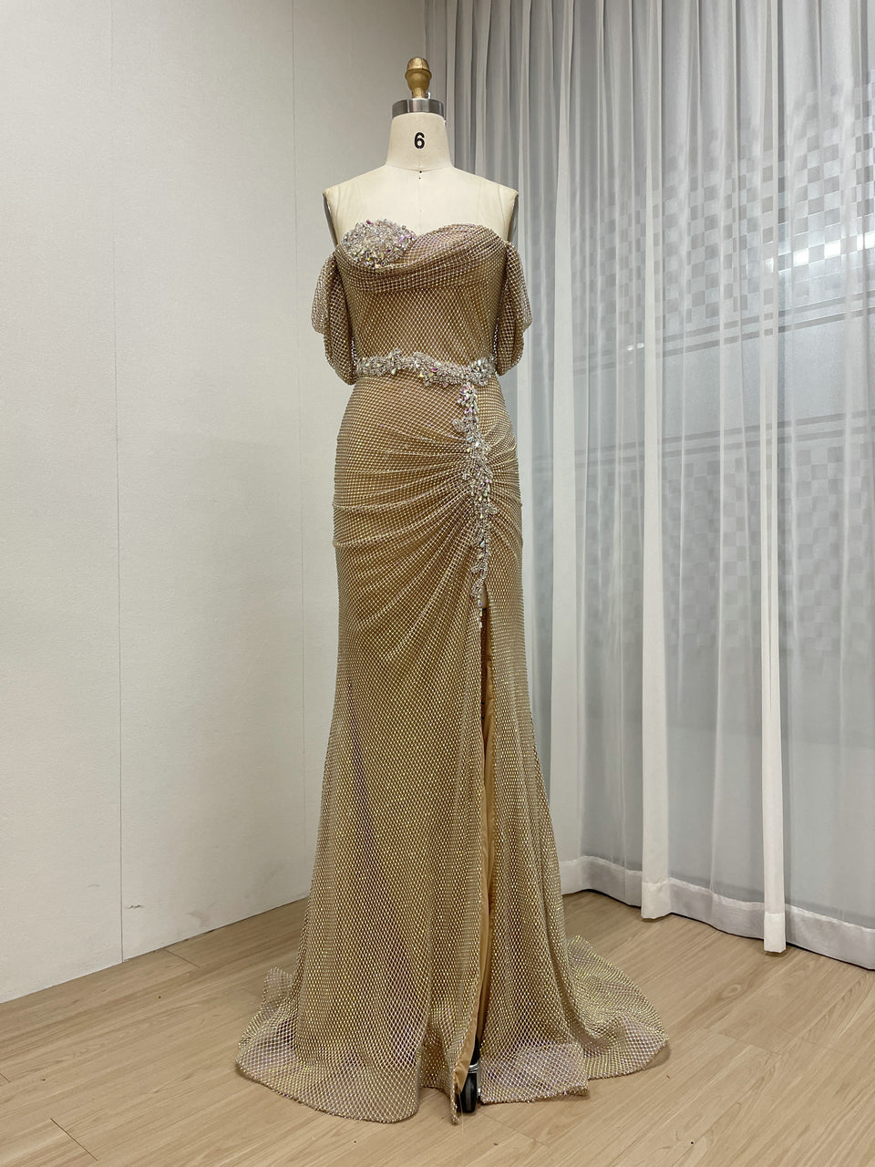 Glittering Ruched Gold Strapless Mermaid Gown with Slit MB40437