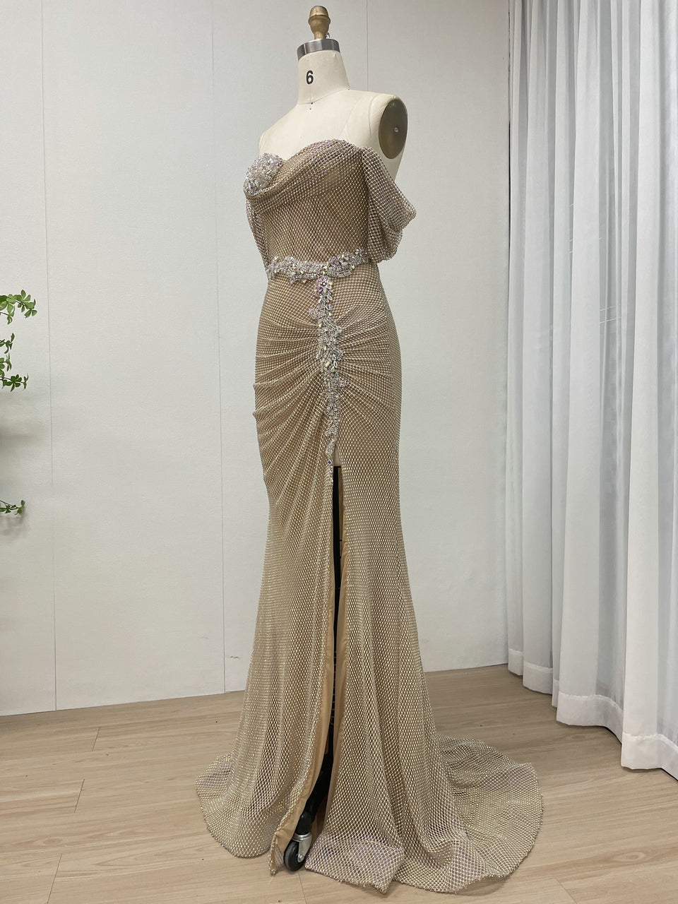Glittering Ruched Gold Strapless Mermaid Gown with Slit MB40437