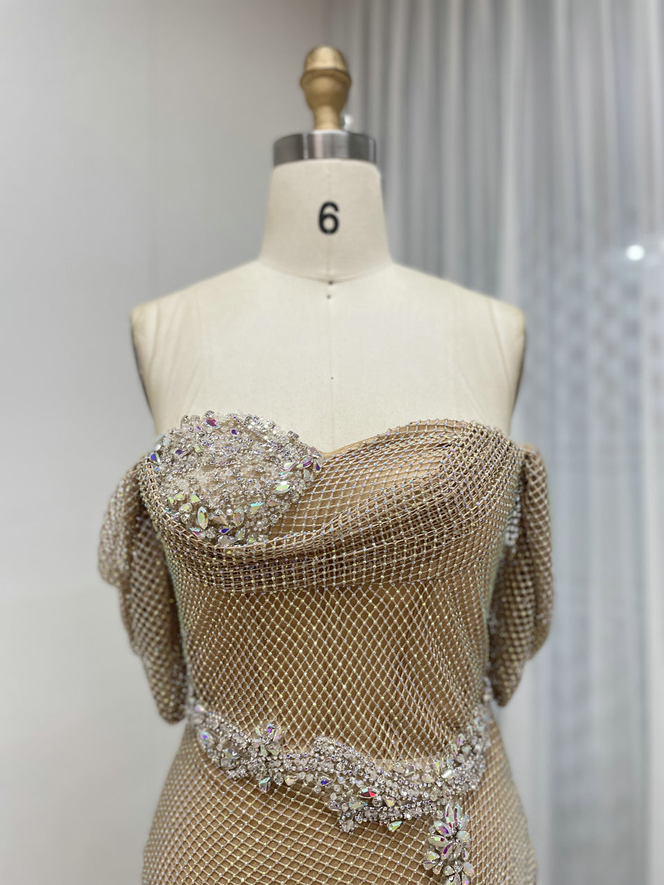 Glittering Ruched Gold Strapless Mermaid Gown with Slit MB40437