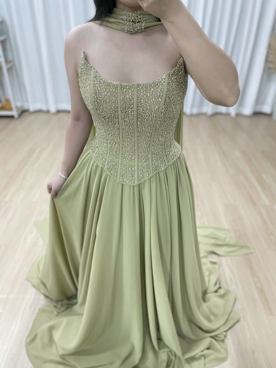 Elegant Flowing Green Formal Dress with Intricate Gold Beading MB40438
