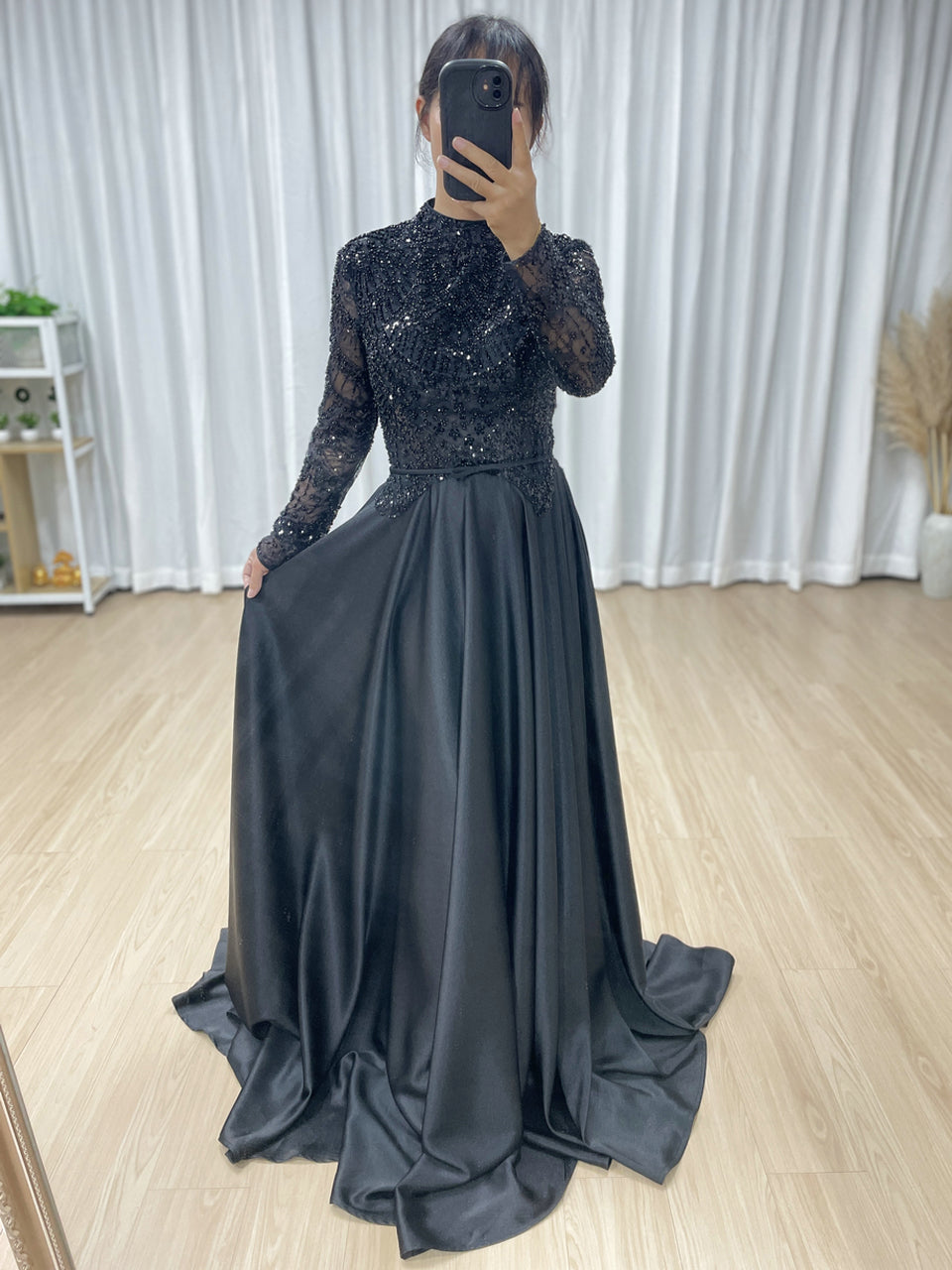 Black High-Neck Evening Dress: Long Sleeve Formal Gown with Satin Skirt MB40439